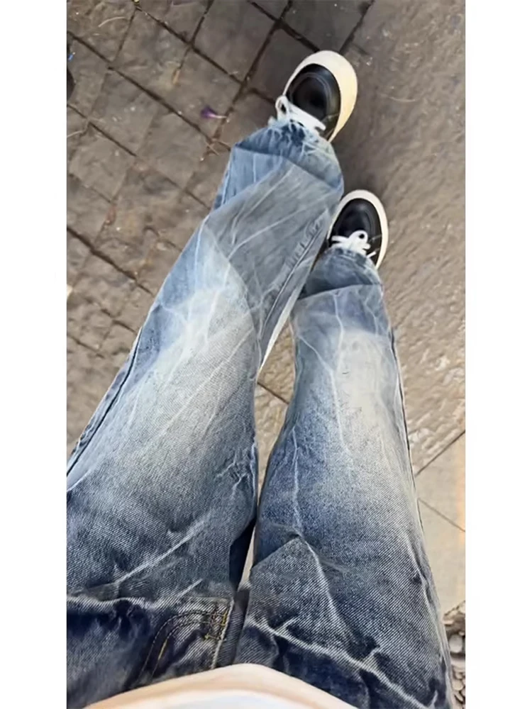 

Blue Fce Lined Lightning Denim Jeans Men's High Street Sle Straight Leg Wide Leg Pants American Vibe Waed out Jeans