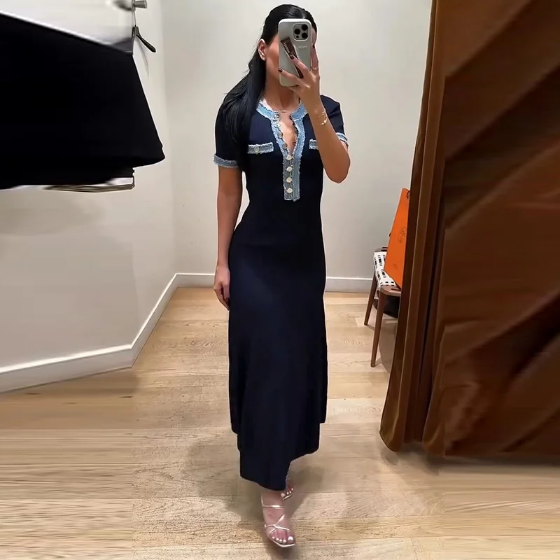 

2025 New Women Buttons Denim Splice Knit Midi Dress Short Sleeve Female Simple O-Neck Slim Long Robe