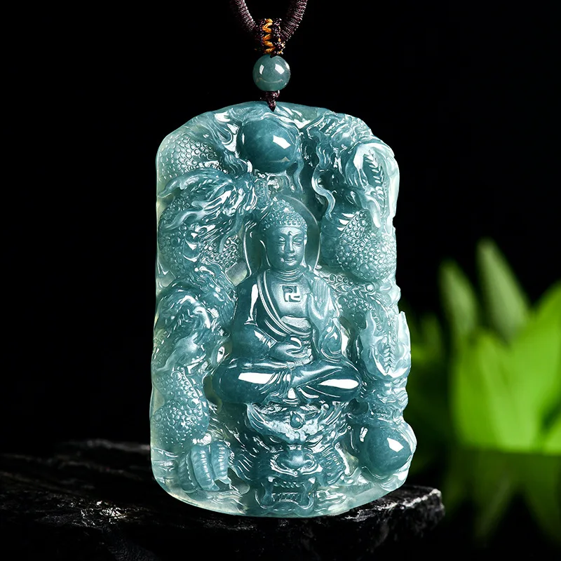

Natural A Grade Blue Water Ice Jadeite Nine Dragon Guardian Buddha Pendant Hand Carved Mythical Amulet Lucky Charm Jewelry