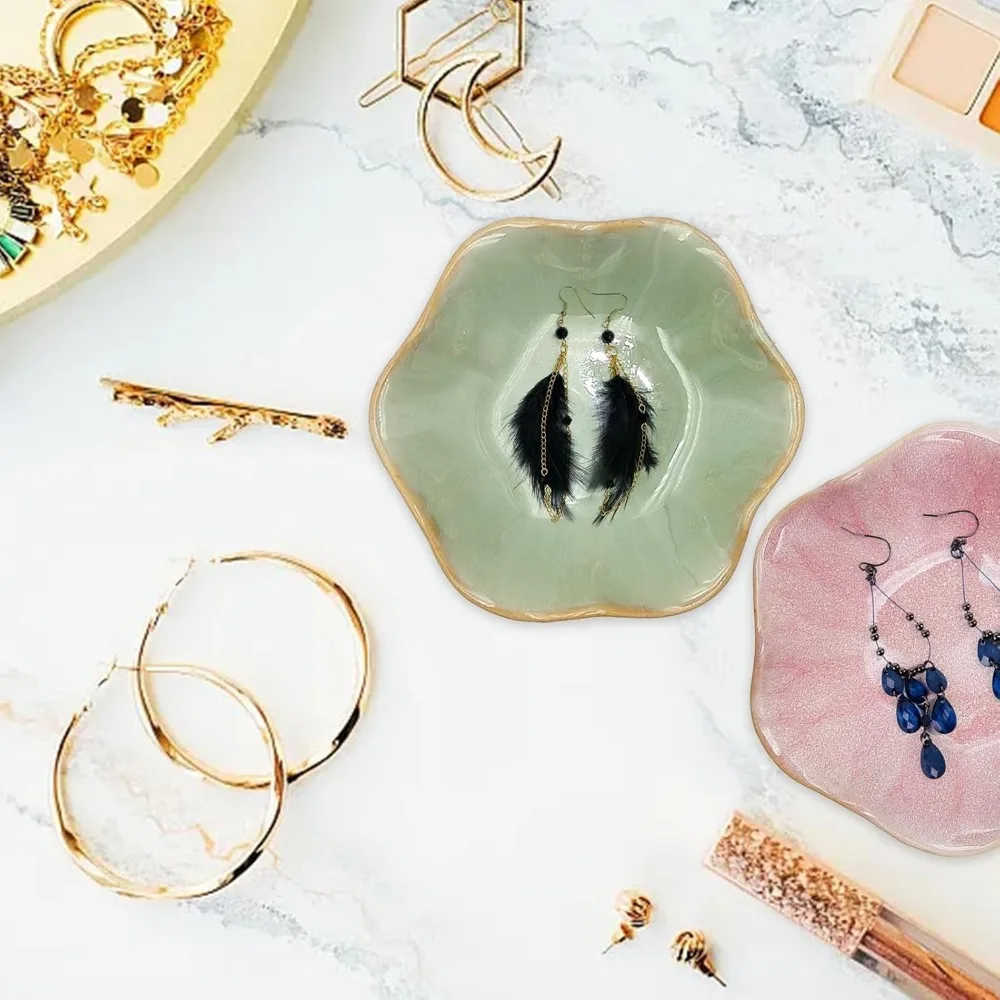 2 قطعة طبق حلقي من السيراميك حامل طبق المجوهرات لوحة صينية حلية صغيرة للأقراط والخواتم والقلائد ومفاتيح وصينية تنظيم السوار f