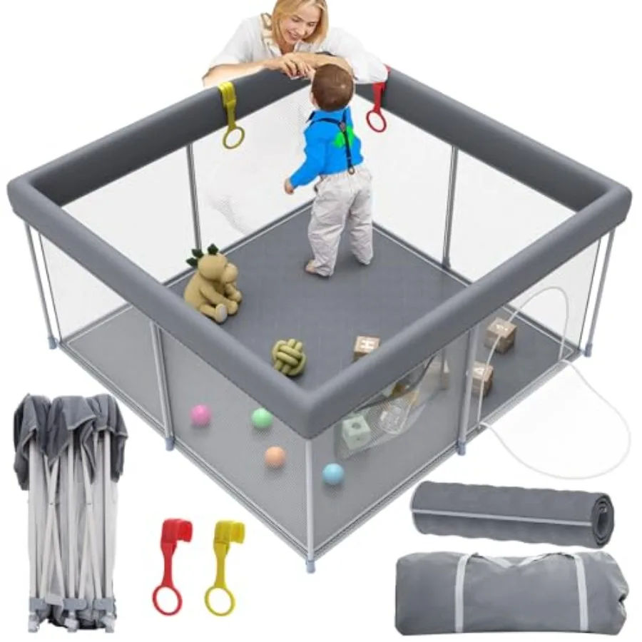 

Foldable Playpen for Babies and Toddlers with Mat 50"x 50" Collapsible Play Pen with 2 Pull Up Rings Portable Baby Fence Play Y