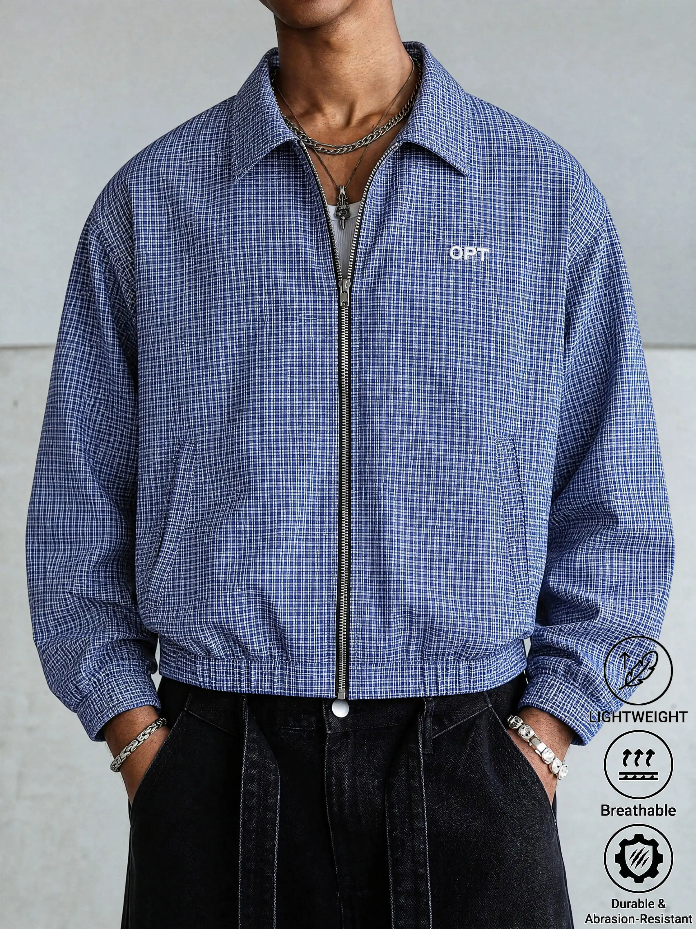 Herren-Frühlings- und Herbstjacke mit Karomuster und Reverskragen, lockerer Passform, überschnittenen Schultern, kurzem Reißverschluss, Retro-Karomuster mit Futter, elastischem Saum, in mehreren Farben erhältlich, vielseitiges Oberteil für den täglichen Gebrauch, Pendeln und Freizeitausflüge. – Detail 1