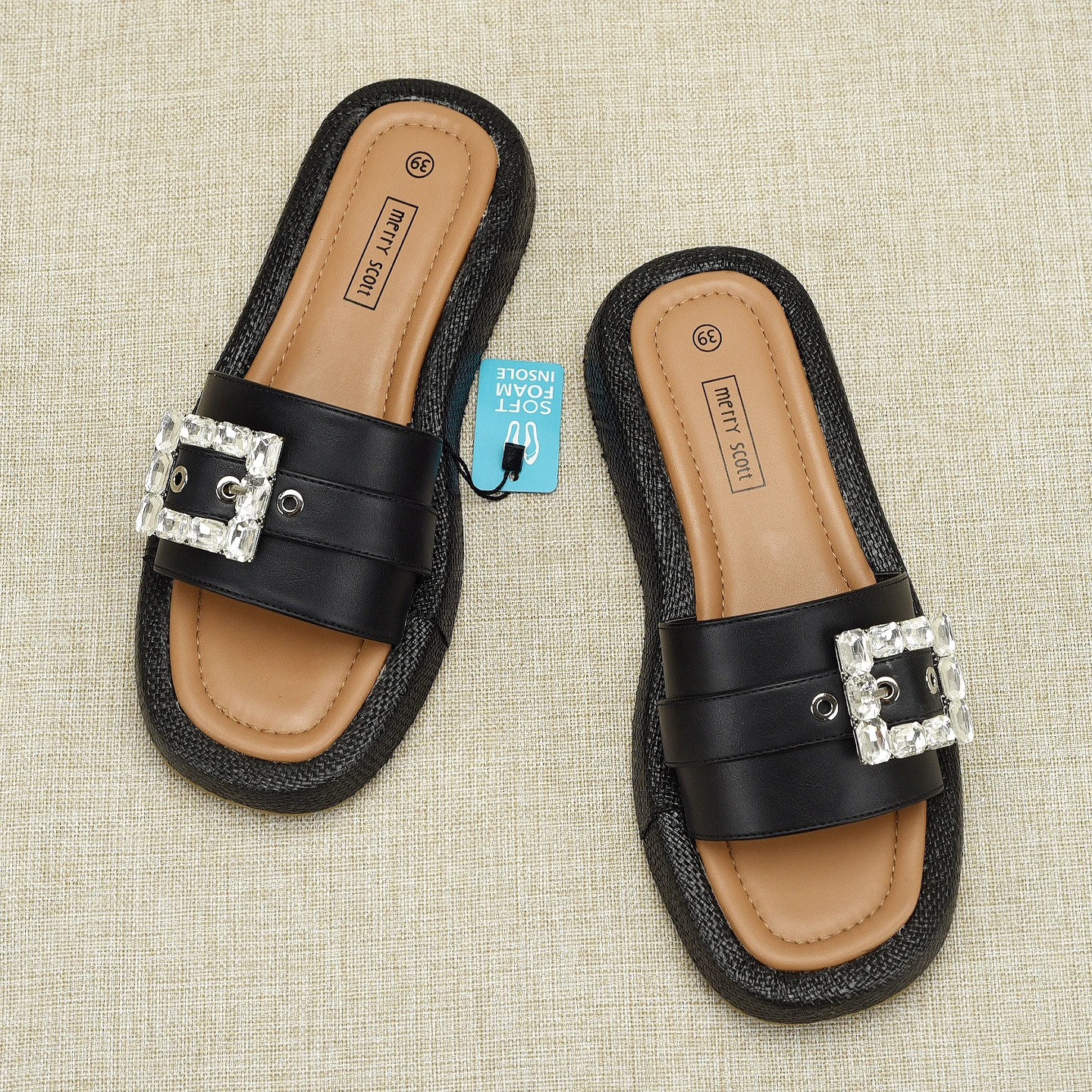 Black Casual Square Head Flat Bottom Women's Sandals Outdoor Beautiful Grass Weave Diamond Buckle Half Slippers