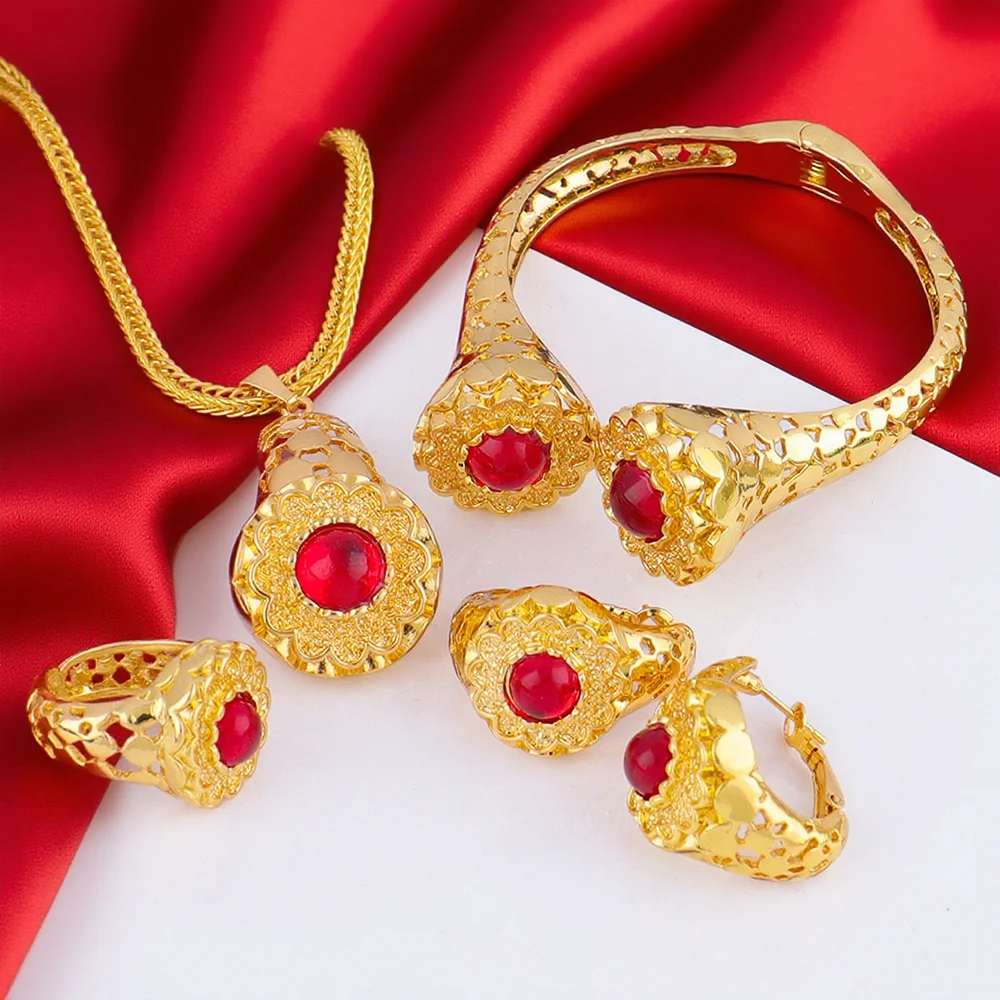 

Dubai 24k Gold Plated Jewelry Sets for Indian Bridal Costume Necklace Earrings Bracelet Ring Sets Nigerian Wedding Party Gifts
