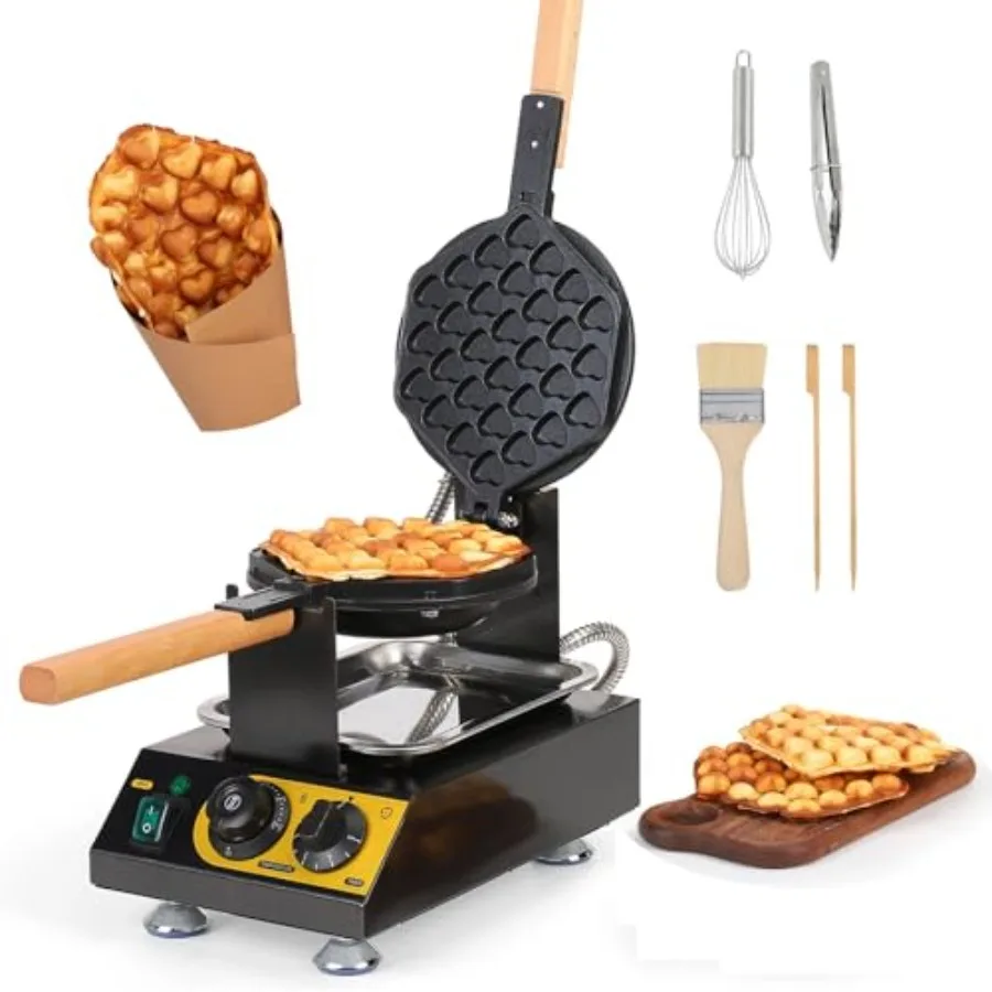 

Commercial Bubble Waffle Maker 1400W Non-stick Egg Waffle Maker with Crumb Tray 30 Egg Cones Heart Shape Hong Kong Style Bubble