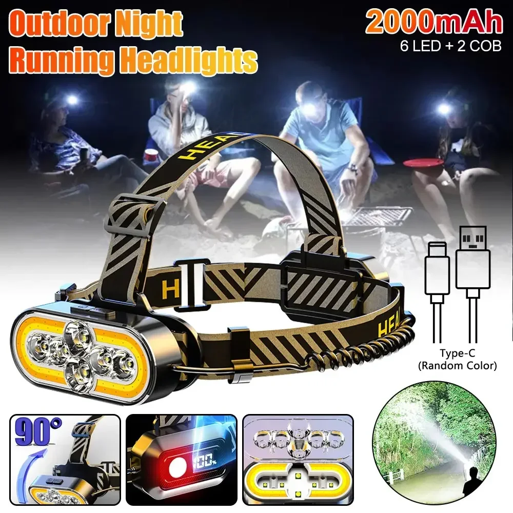 6LED+COB Headlamp TYPE-C Rechargeable Headlight Portable Digital Display Fishing Head Flashlight White+warm+red Fishing Light