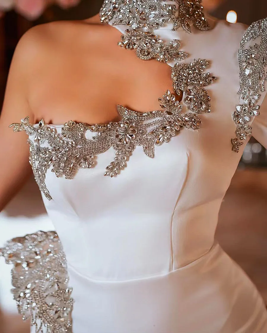 Vestido De Novia De cuello alto con cuentas De cristales, traje De Novia Sexy, longitud hasta el suelo, romántico