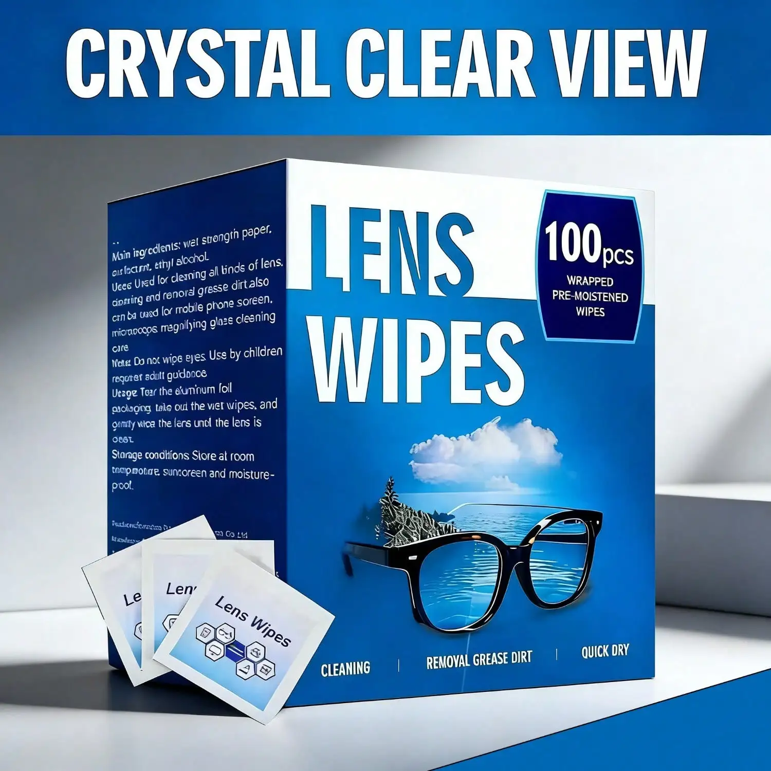 Paquete de 100 toallitas desechables para limpiar lentes - Limpiador de lentes hidratante envasado individualmente, adecuado para gafas.