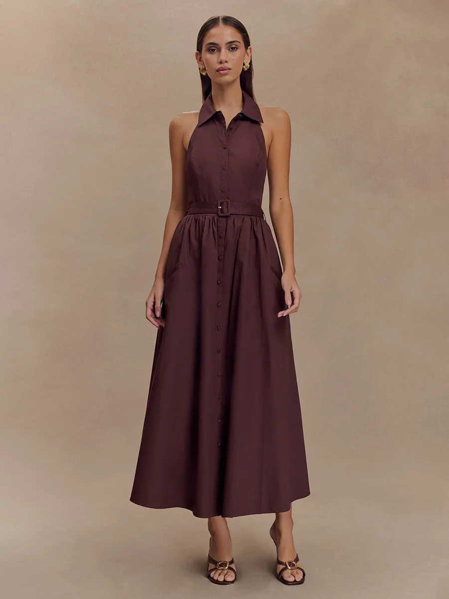 Bornladies 2026 Spring/Summer New Style Commuter Belt Adjustable Collar Off Shoulder Long Sleeve Hanging Neck Dress image 3
