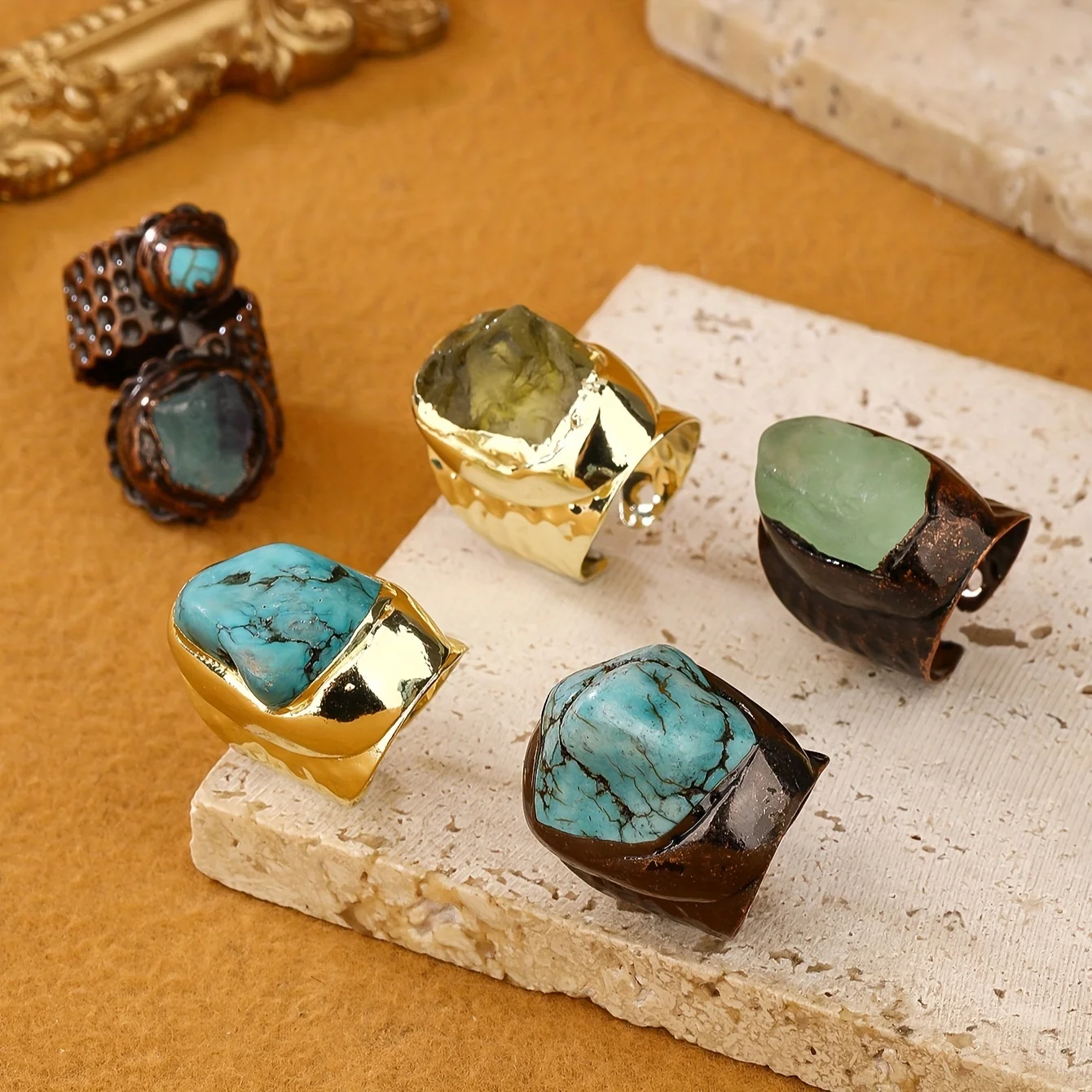 YEEVAA Boho-Chic Adjustable Ring with Natural Turquoise&Lemon Crystal - Vintage Style, Perfect for Casual Attire or Parties