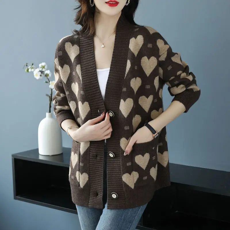 Autumn Winter Oversized sweater Cardigan Casual Korean printing Buttons V-neck Long sleeve knitting coat Ladies elegant top tee