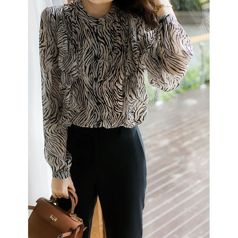 Vintage Elegante O-hals Zebra Strepen Blouses Mode Ruches Losse Lange Mouw Knop Afdrukken Shirt 2022 Lente Zomer Vrouwen