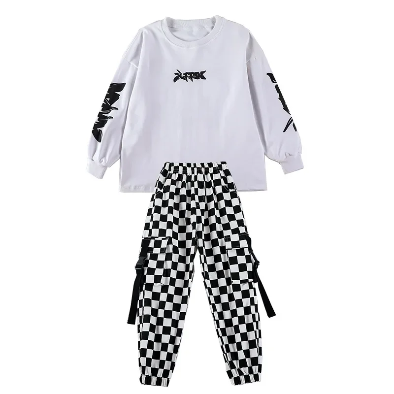 Boys Hip Hop High Collar Vest Sweatshirt Plaid Joggers Outfits Girls Cargo Pants Clothes Sets Child Jazz Costume Kids Streetwear