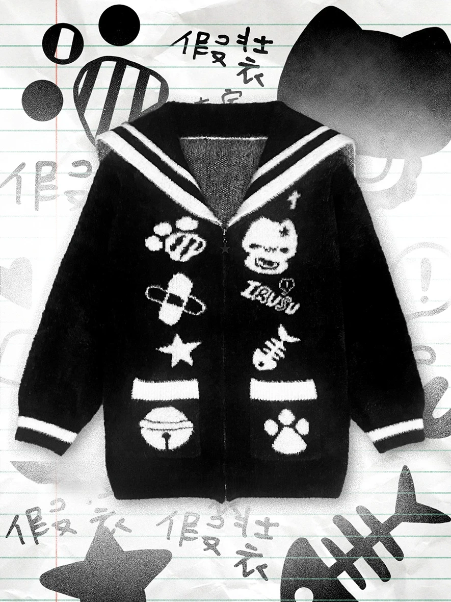 Y2k Harajuku Gothic Dámské pletené kardigany s kapucí na zip Patchwork Japonské módní svetry Slim Gyaru Grunge Podzimní - náhled 3