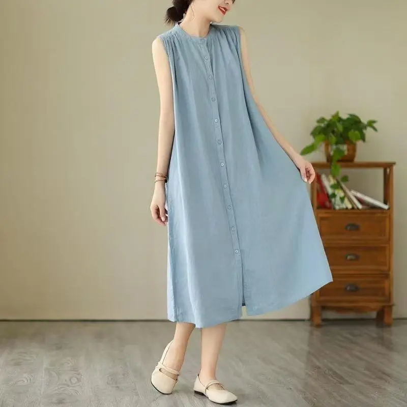

Fashion O-Neck Button Folds Sleeveless Dress Women's Clothing Summer New Loose Commuter Solid Color Casual Dresses