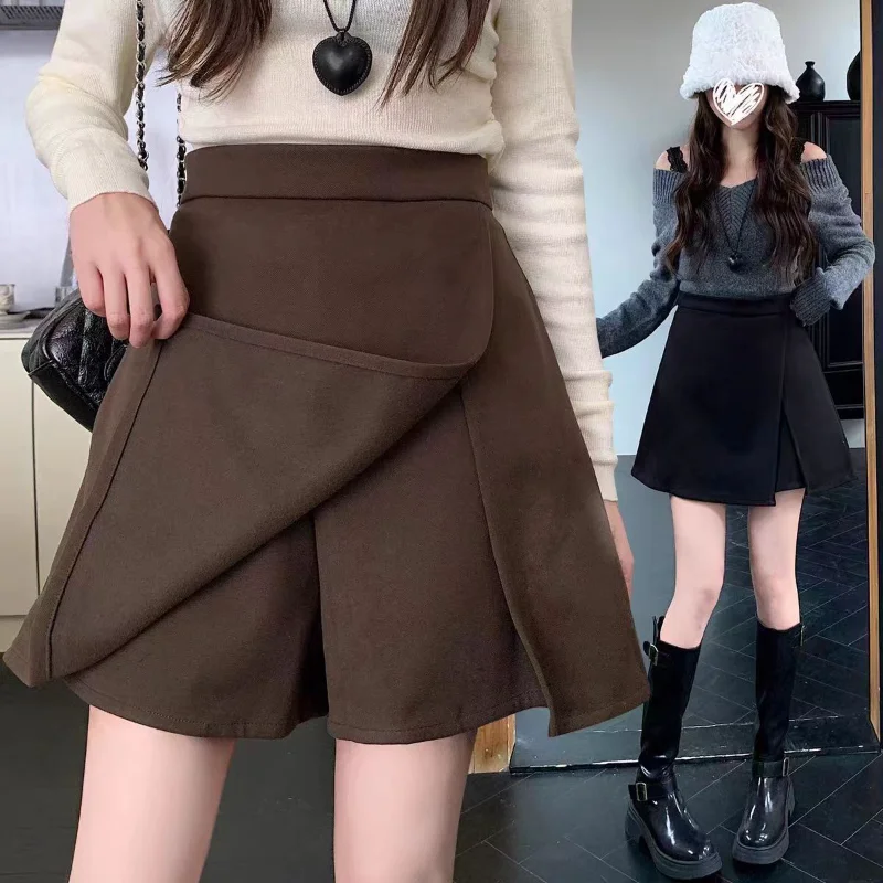 

New Chic Design Small Slit Skirt Pants Casual Autumn and Winter Woolen High Waist Slimming A-line All Match Shorts