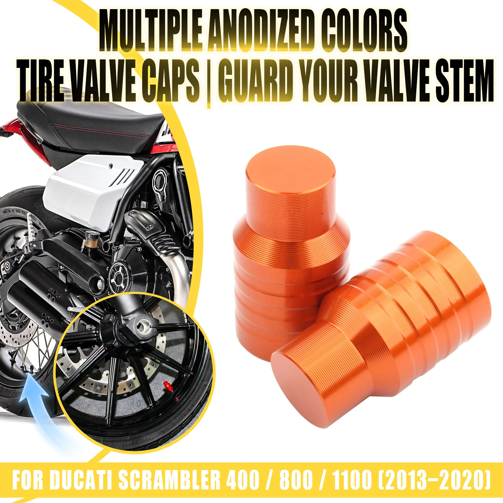 Motorcycle Valve Cover - バイク用汎用タイヤバルブキャップ、ホイールステムカバー 2個入りセット。ドゥカティ・スクランブラー400/800/1100（2013年、2014年、2015年、2016年～2020年式）用。