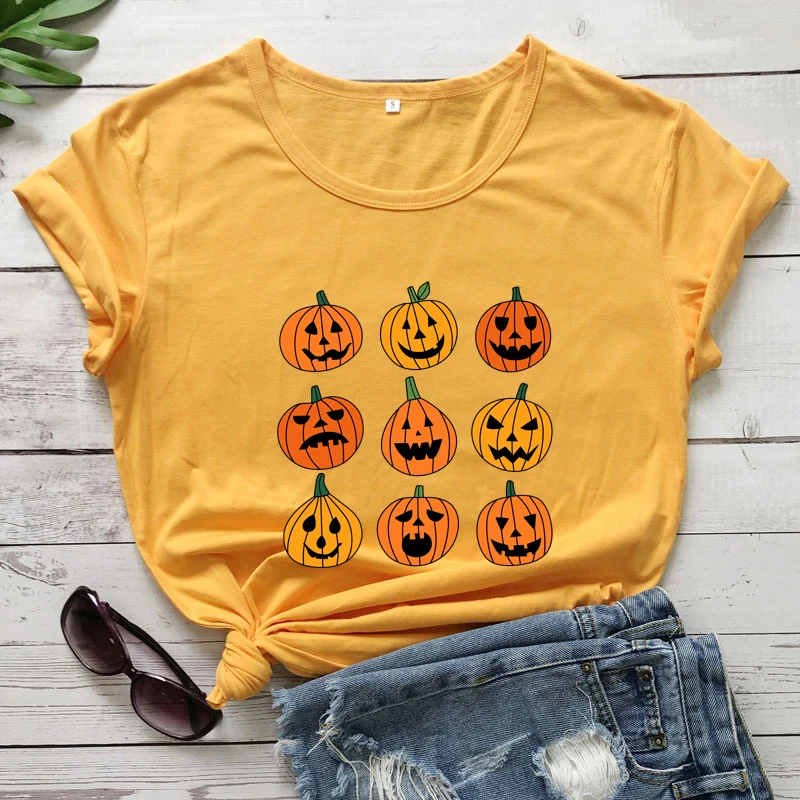 

colored halloween pumpkin tshirt retro women short sleeve spooky fall tee shirt top