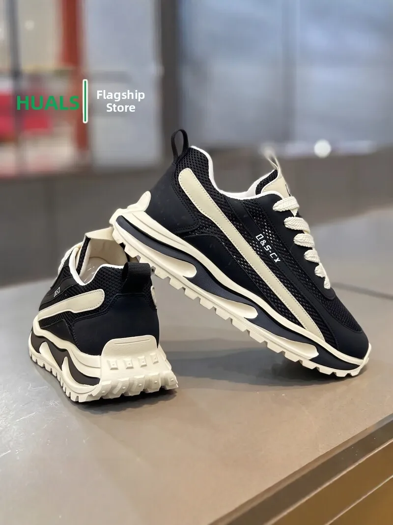 Men's Breathable Mesh Sports Shoes Casual Running Shoe Spring Autumn Seasonal Thick Bottom round Head Color Block Style