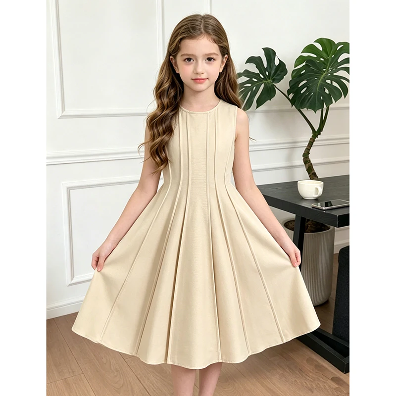 Mädchenkleid in Beige für 8-12 Jahre, Fit & Flare-Stil, Vorne Plissiertes Design & Reißverschluss Hinten, Alltagskleid für Kinder