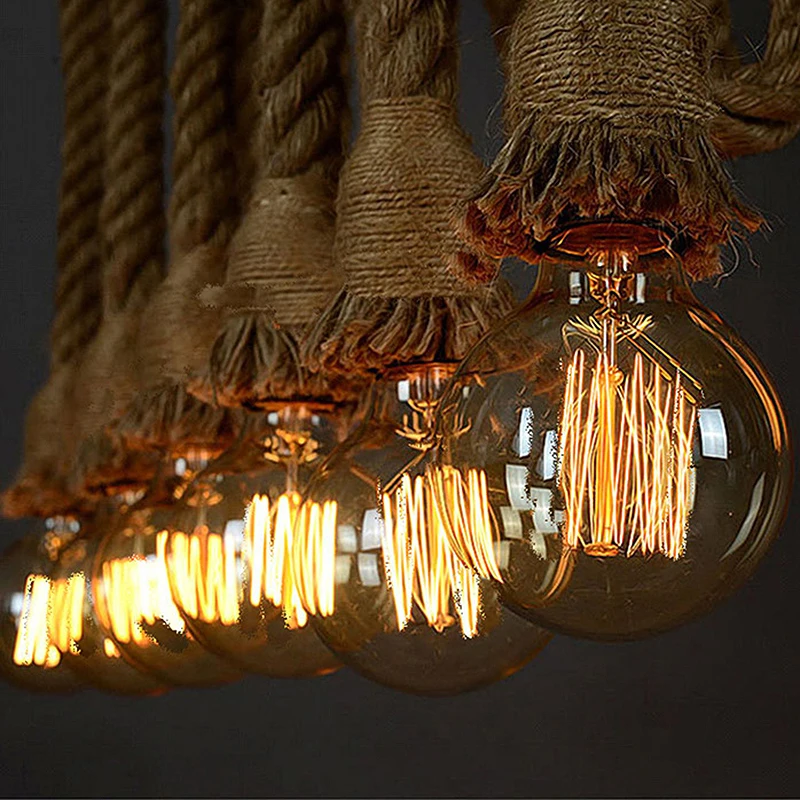 Retro Vintage Hemp Rope Pendant Light American Industrial Hanging Lamps Creative Loft Country Style Ceiling Lamps E27 Edison LED