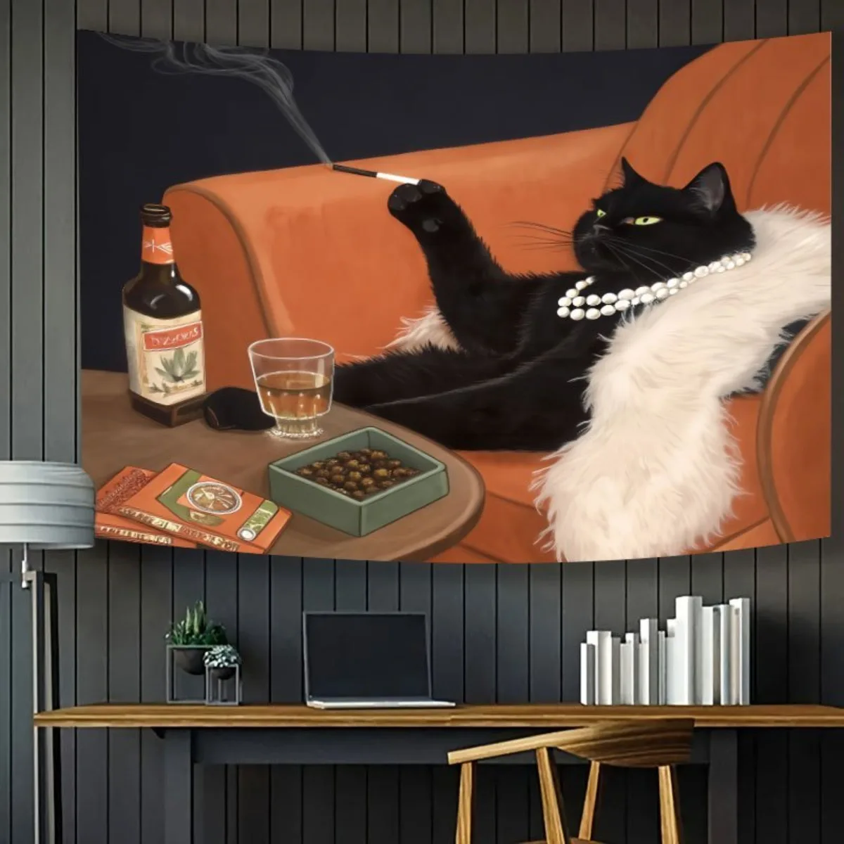Vintage Schwarze Katze Wandteppich - Rauchende Katze Wandkunst, Whiskey & Schokoladen-Dekor, Wohnzimmer-Wandbehang, Polyester, Verschiedene Größen