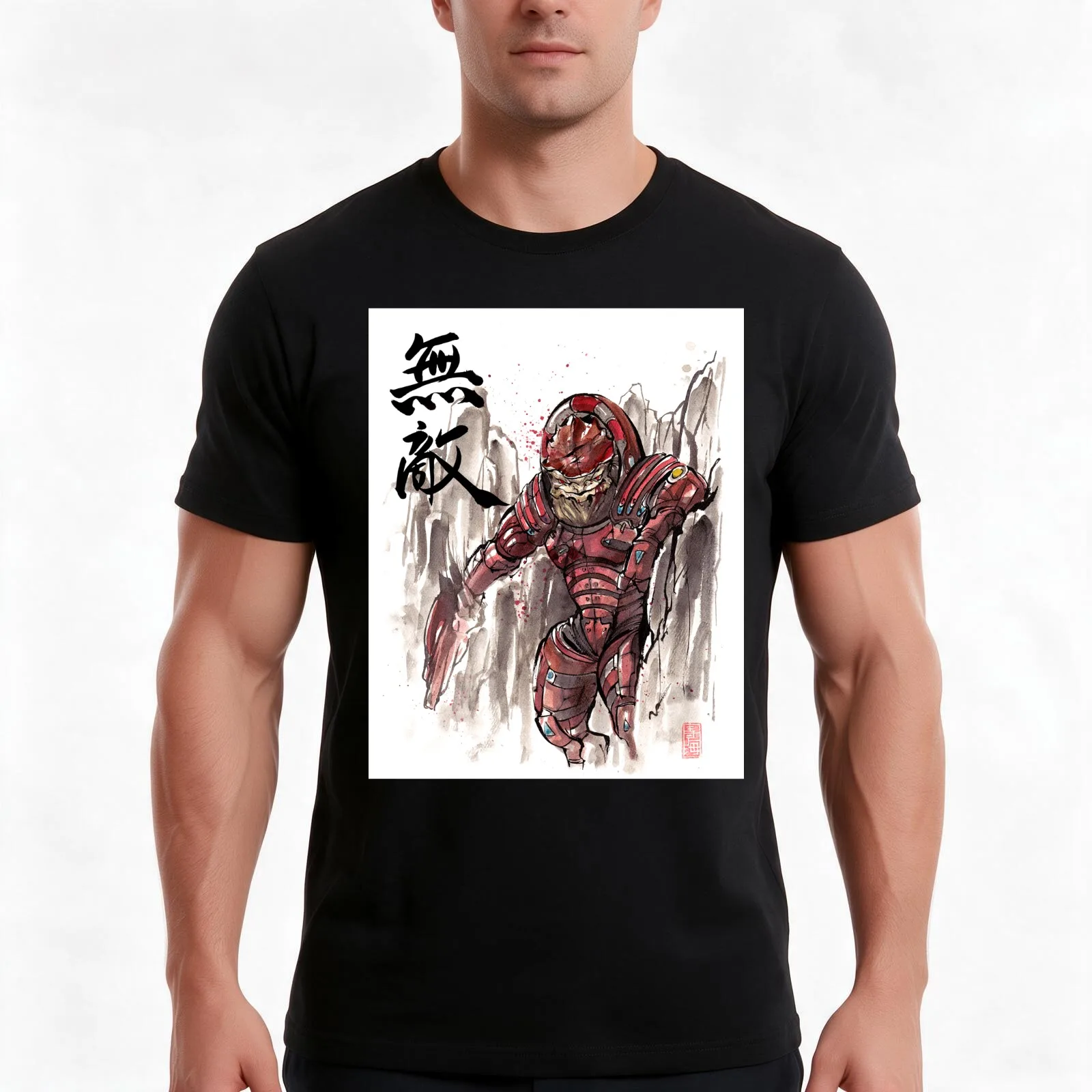 Mass Effect Urdnot Wrex Sumie style T-Shirt, Summer Casual Cotton Tee, Oversized Streetwear Tops, Vintage Graphic Print