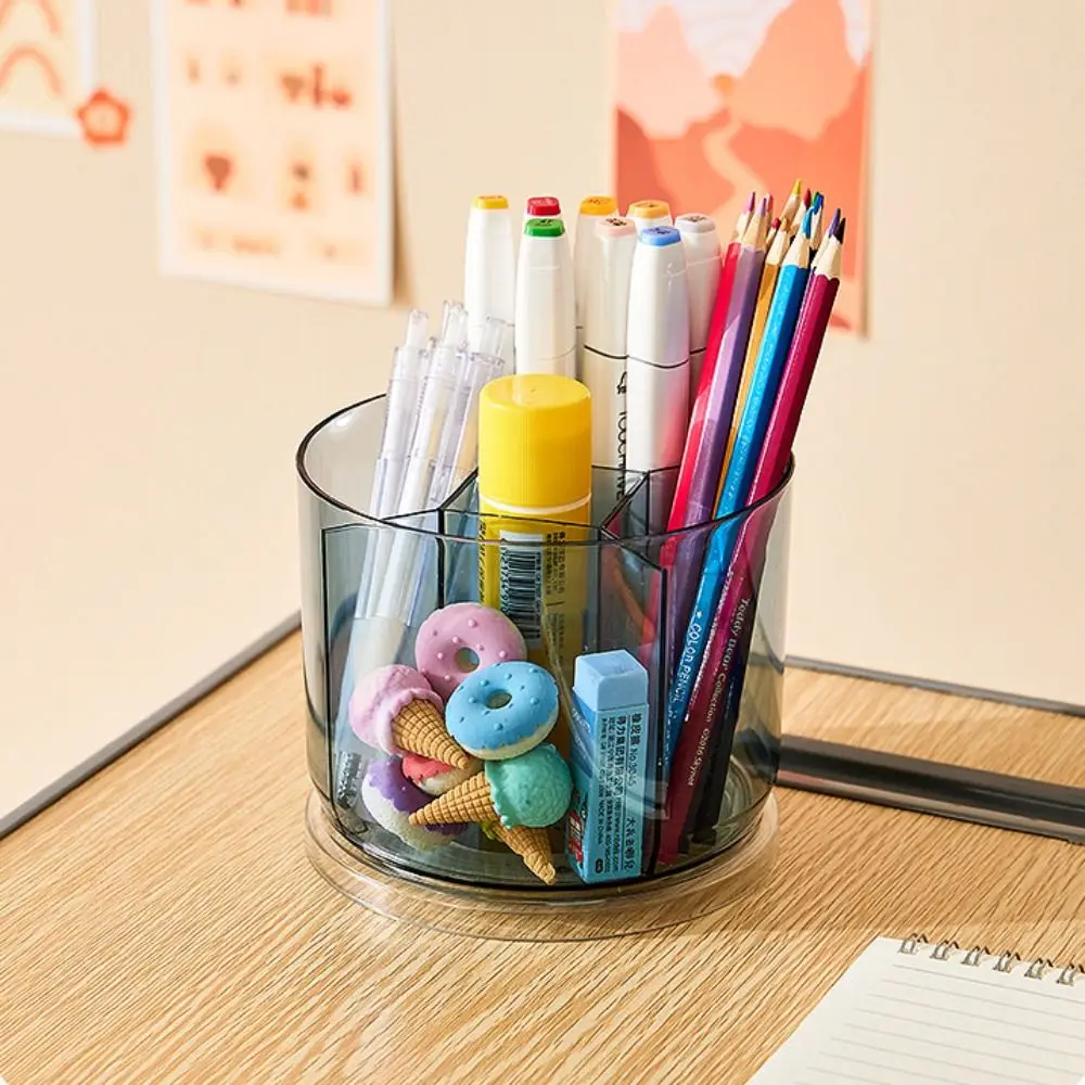 360° Rotation Rotatable Pen Holder Large Capacity 5 Grids Pencil Storage Box PET Space Saving Makeup Brush Organizer Desktop
