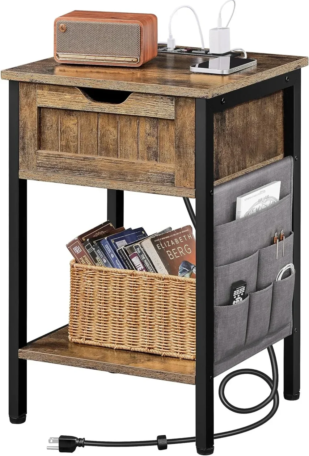 

Wood Bedside Table with Drawer&Shelf,Bedside Cupboard with 2USBOutlets,Steel-Framed Bedside Cabinet with Storage Bag for Bedroom