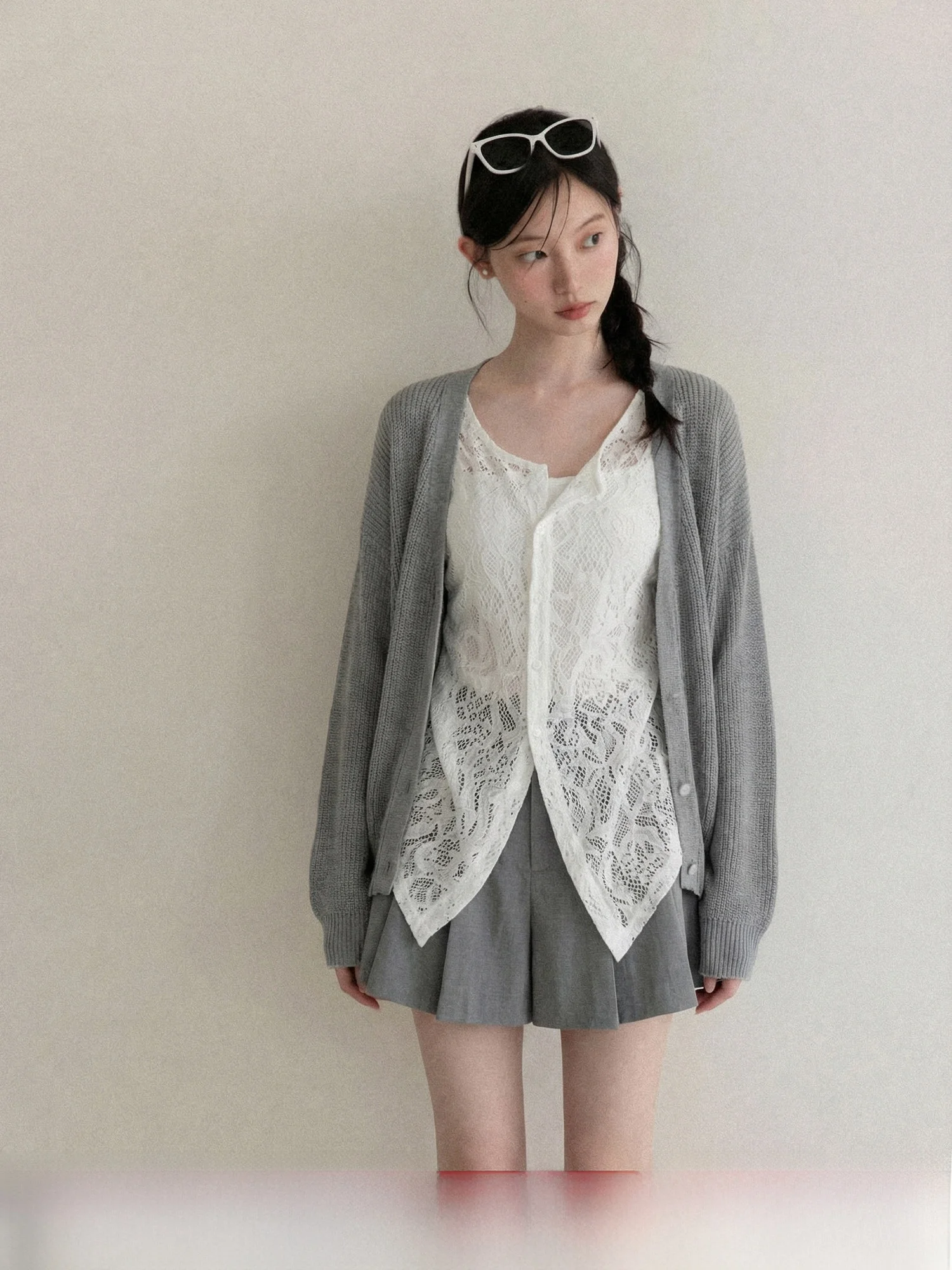 

Gray V-Neck Loose Long Sleeve Knitted Sweater Women's Summer Slimming Sun Protection Open Cardigan Outerwear Casual Style