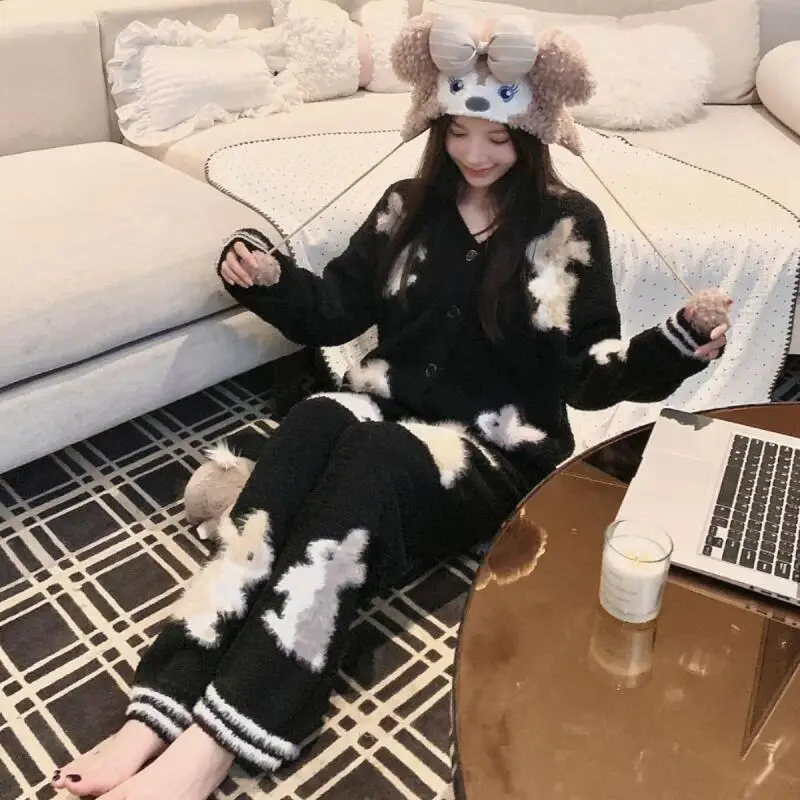 

Autumn Winter Sweet Pajamas Suit Woman Wearable As Outerwear Nightwear Fleece-Lined Keep Warm Sleepwear Set Half-Pile Homewear