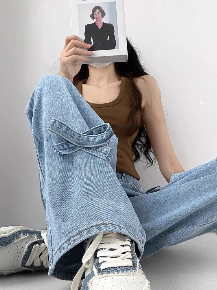 Koreaanse Sle Knot Vintage Distred Wijde Pijpen Jeans Dames Zoete Pittige Afslankende Lange Broek Herfst 2024