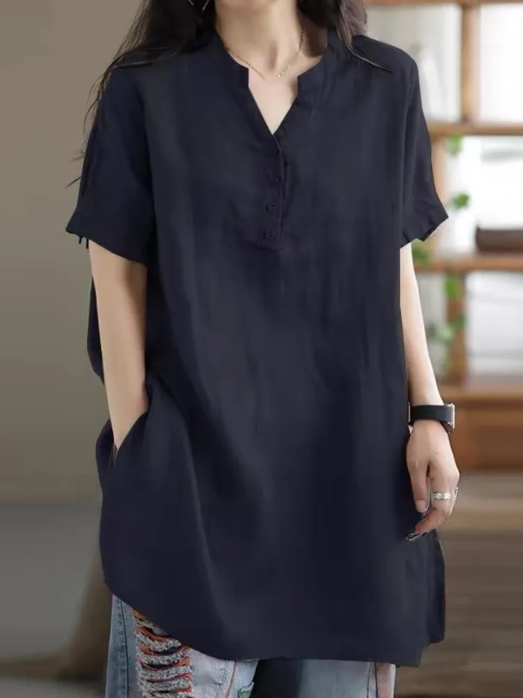 Loose Fit Linen irt Women's Casual Summer Slimming Longline Casual Sle Pullover ort Sve  Color Commute Faion