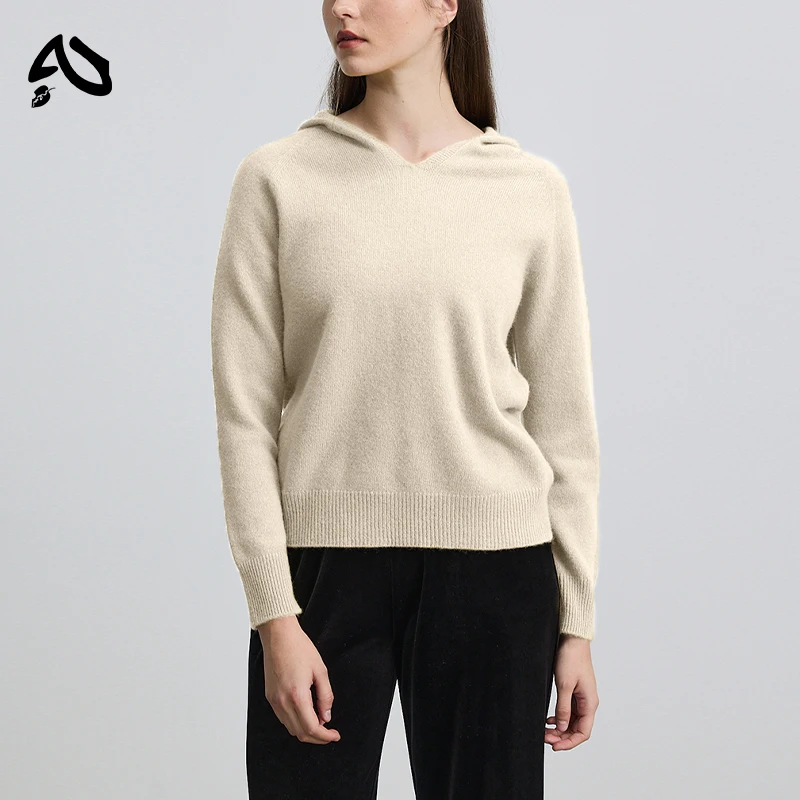

Original 100% Wool Women's Autumn Winter Sweater Solid Color Long Sleeved Hooded Pullover Elastic Soft Casual Lady Sweaters