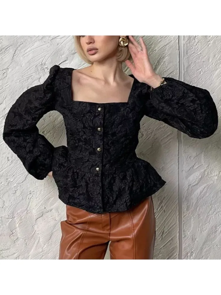 Elegant Solid Color Puffed-sleeve Top Fashion Square Neck Single-row Buckle Straight Cylinder Blouses Spring Autumn Ladies Shirt