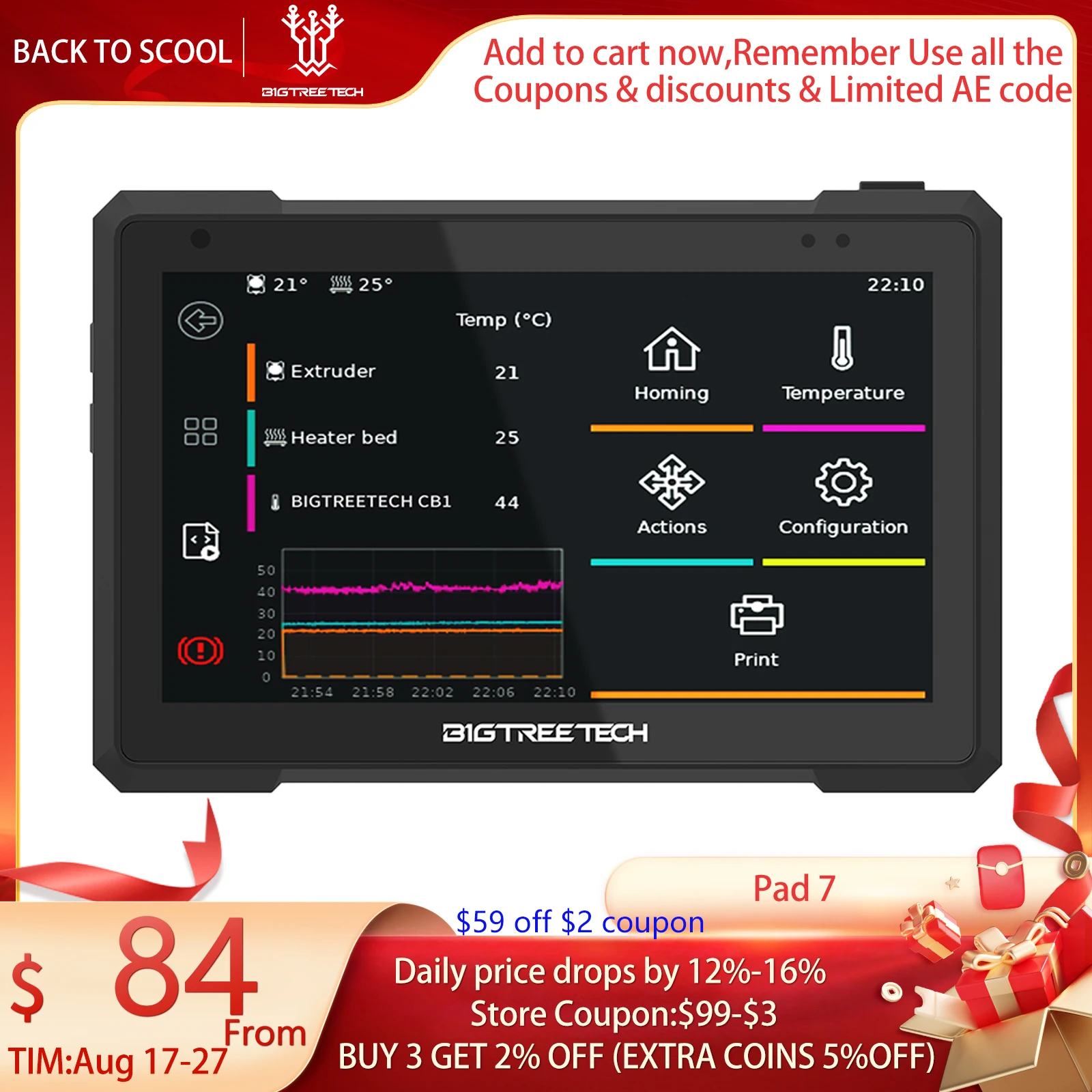 

BIGTREETECH Pad 7 IPS сенсорный экран Klipper 7.0 дюймов 1024*600 дисплей с CB1 32 Гб TF карта для CM4 DIY Voron Ender 3 3D принтер