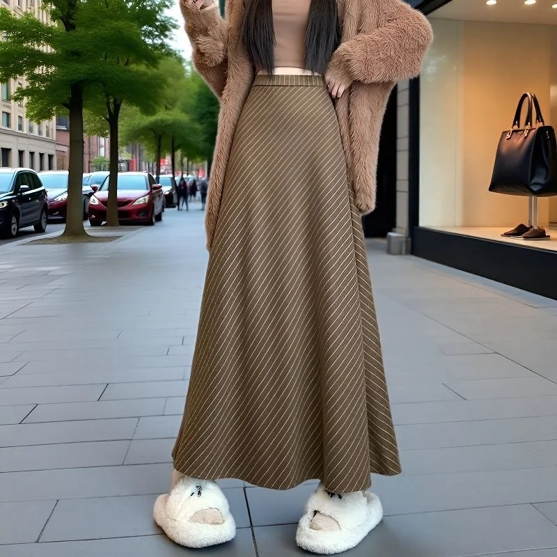 

Autumn Winter Woolen New Retro French Style Spring Autumn Striped High-waist Skirt Temperament Straight Fishtail Long Skirt