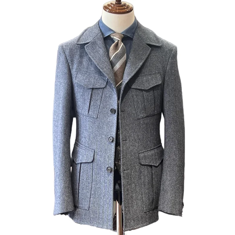 

Men Suits Blazer Grey Winter Tweed Herringbone Safari Jacket With Four Envelope Pocket Unique Design Casual Male Clothing Coat