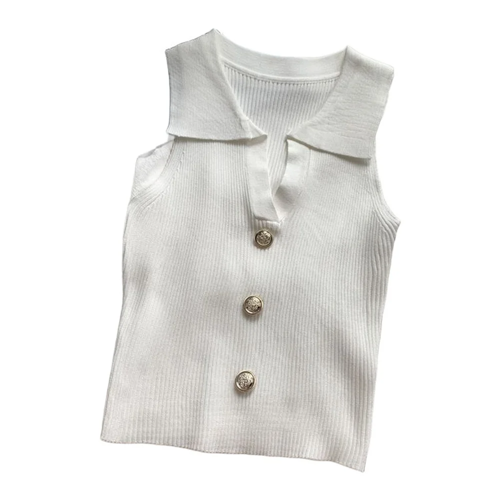 

Sleeveless Knitted Vest for Women Thin For Polo Collar Tank Top in Solid Color Elastic Cotton Spandex Blend for Four Seasons