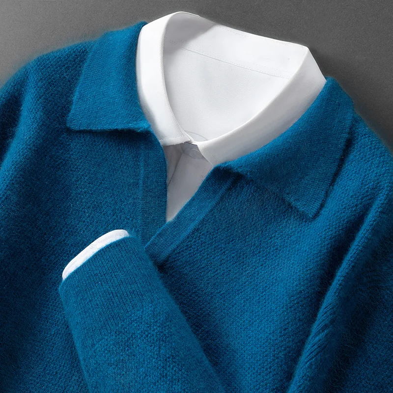 

CHICUU Men's V-neck Polo Cashmere Pullover Sweater Autumn Winter 100% Cashmere Knitwear Basic Smart Casual Style Cashmere Tops