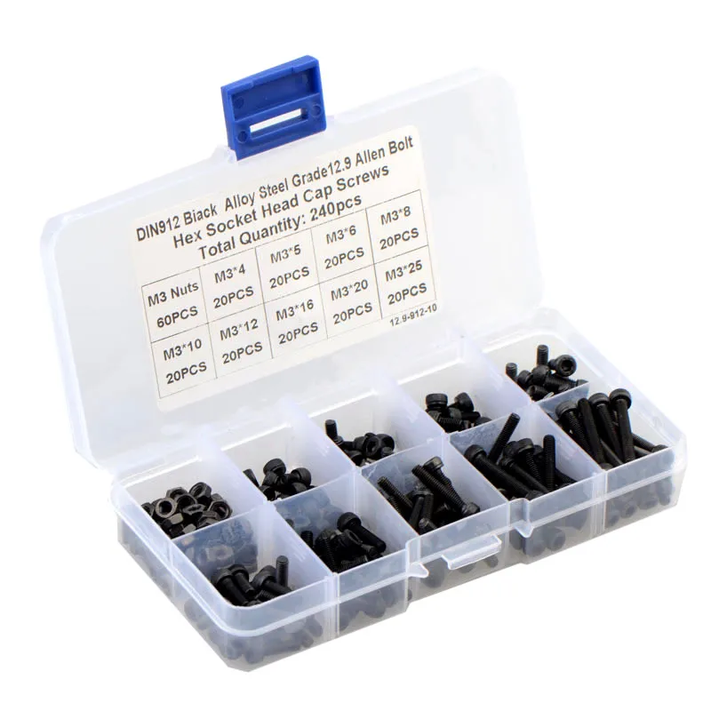 240pcs M3 Black High Strength Hexagon Hex Socket Cap Head Screw Kit 12.9 Grade Carbon Steel Allen Screw with Nut Combination Set