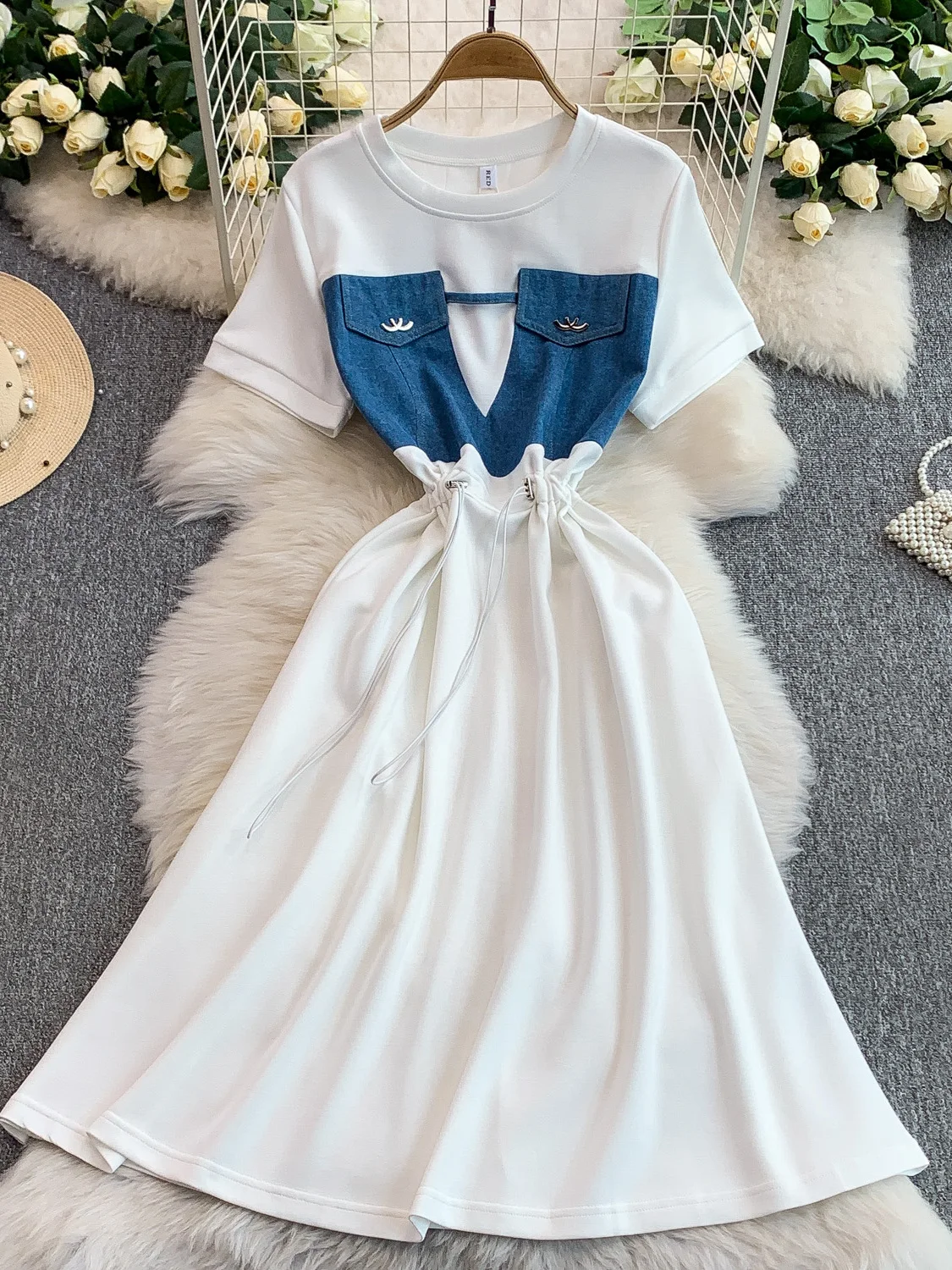 Coréen Sle rond Ne T-shirt Dr femmes taille haute Dstring minceur jupe longue décontracté trajet Patchwork été Dr