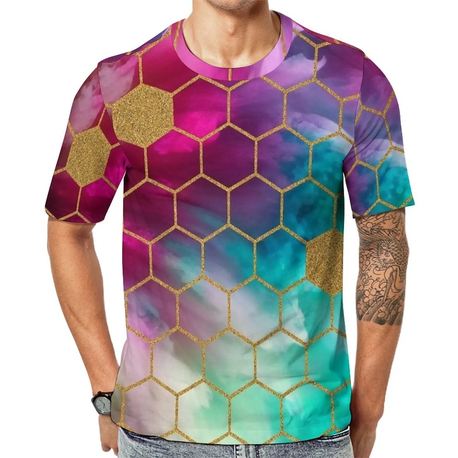 Premium T Shirt Rainbow Gold Hexagon Print T-Shirts  Basic Retro Tee Shirt For Male Short-Sleeved Graphic Oversize Clothing