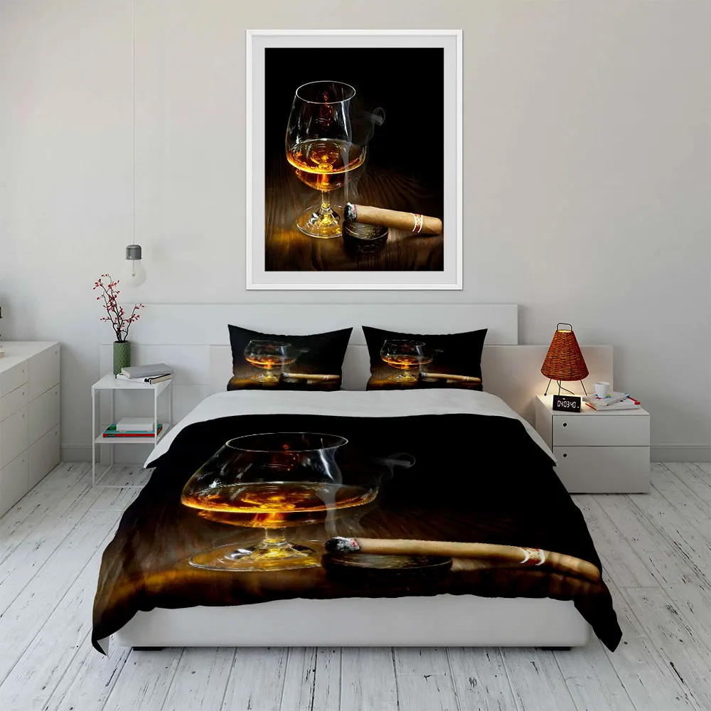 Glass with Burning Cigar Print Soft Comfortable Duvet Cover Bedding Set Included 1*Duvet Cover  2*Pillowcases Luxury Gift