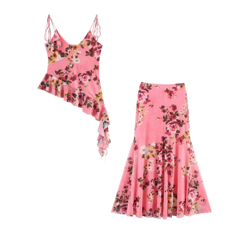 

TRAFZR Dresses Sets Floral Print Asymmetrical Tie-Up Blouse with Pleated Mid-Length Skirt Sweet Romantic Outfits Party Vacation