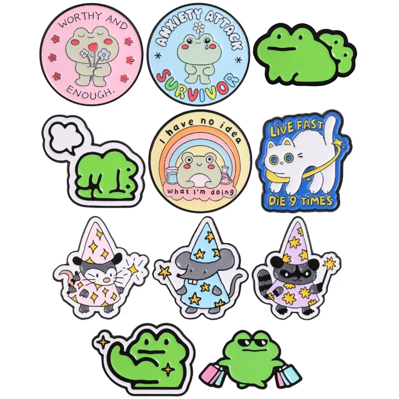 Mental Health Frog Badge Cartoon Froggy Cat Mouse Raccoon Wizard Enamel Pin Anxiety Attack Survivor Worthy And Enough Brooch