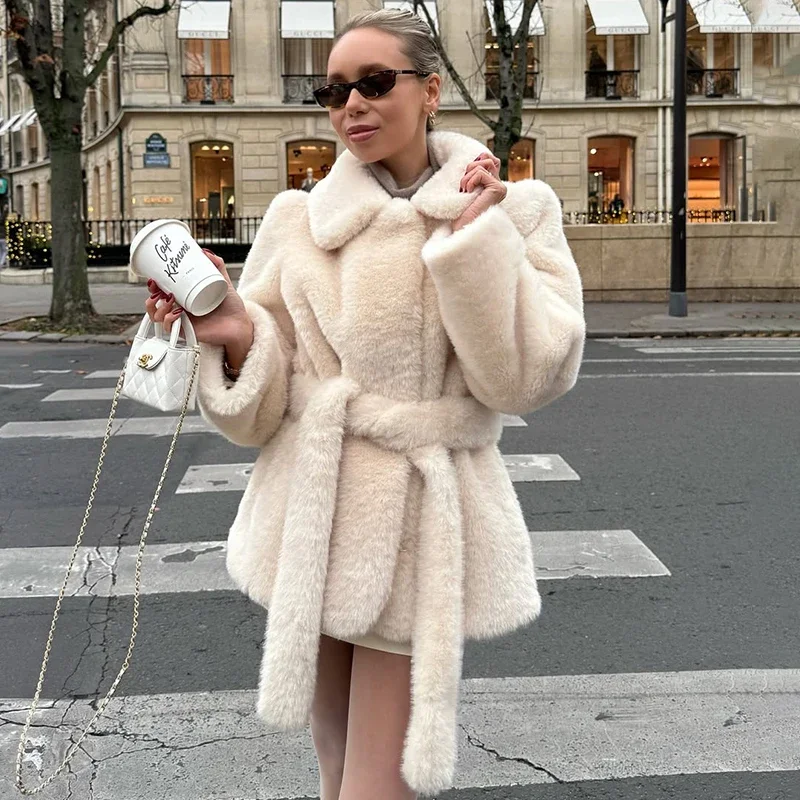 Fashion Belt Faux Fur Coat For Women Lapel Casual Short Jacket Long Sleeve  Autumn Winter New Female White Overcoat