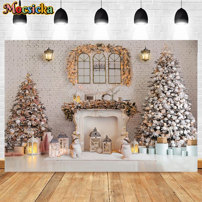 Mocsicka Christmas Photography Background Home Xmas Tree Fireplace White Wall Decor Family Holiday Party Baby Kid Photo Backdrop