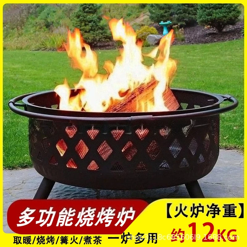 

Outdoor Fire Pit Charcoal BBQ Grill Round Firewood Bowl Courtyard Bonfire Heating