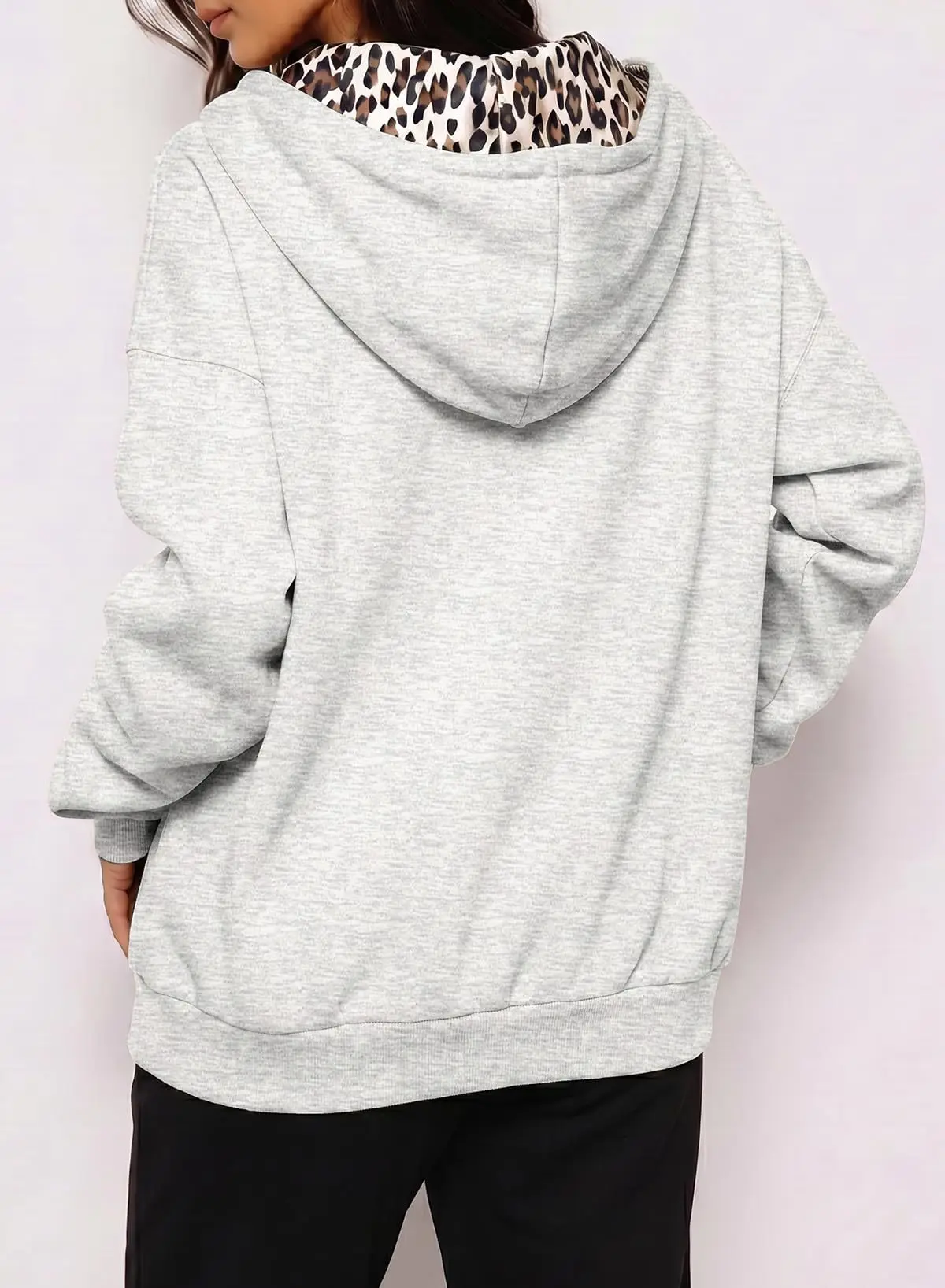 Women's Full Zip Hoodie with Leopard Hood Lining Oversized Long Sleeve Jacket Winter Warm Fleece Lined Sweatshirt Streetwear